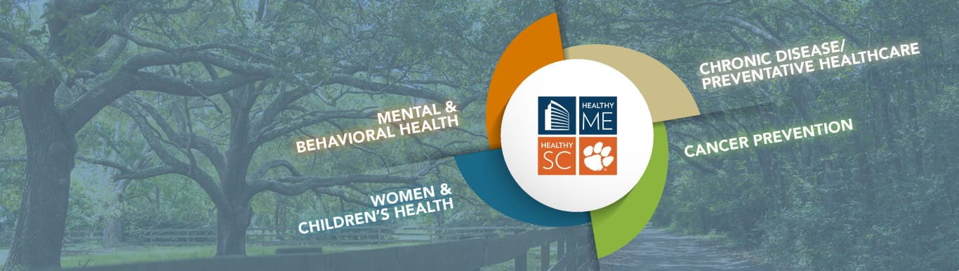 Healthy Me-Healthy SC logo and copy on top of image of tree lined road | Mental &amp; Behavioral Health | Chronic Disease/Preventative Healthcare | Women + Children&#39;s Health | Cancer Prevention