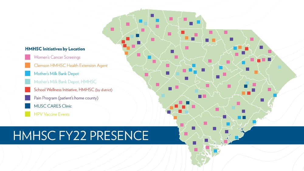 Decorative Map highlighting HMHSC Initiatives across South Carolina